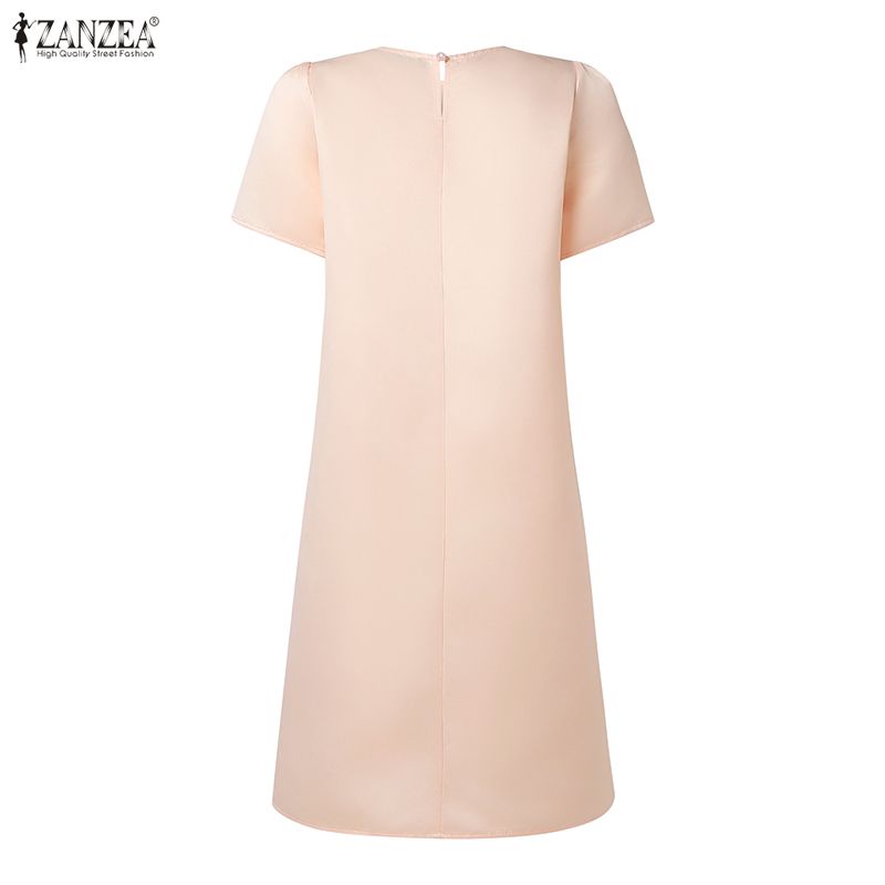 ZANZEA – robe de thé élégante en satin et soie pour femme, col rond, manches courtes bouffantes, détail nœud, couleur unie, longueur aux genoux, robes d'été pour femmes