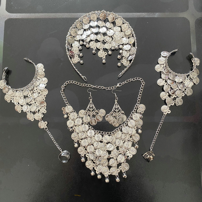 Ensemble complet d'accessoires de danse orientale pour femmes, bijoux indiens, collier traditionnel, ornement de cheveux, bandeau, bracelet, boucles d'oreilles, pour filles.