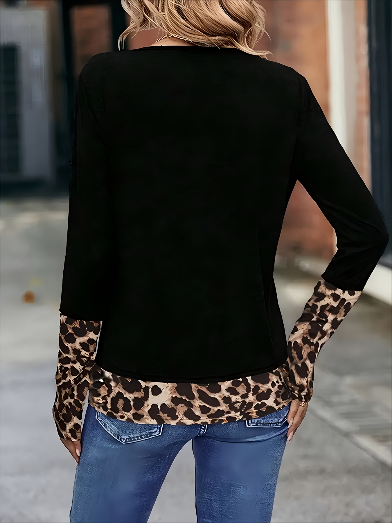 Haut décontracté pour femme à manches longues, imprimé léopard, patchwork, col rond, poignets contrastants, T-shirt décontracté, chemisier streetwear tendance