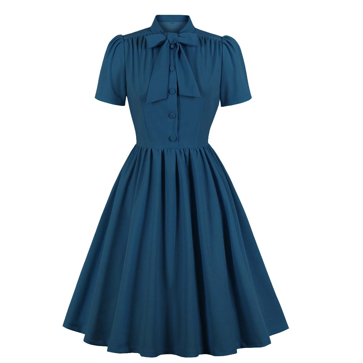 Robe plissée bleue à manches courtes, style vintage français, col à nœud papillon, boutonnée, robes rétro élégantes, style années 50, pin-up, rockabilly