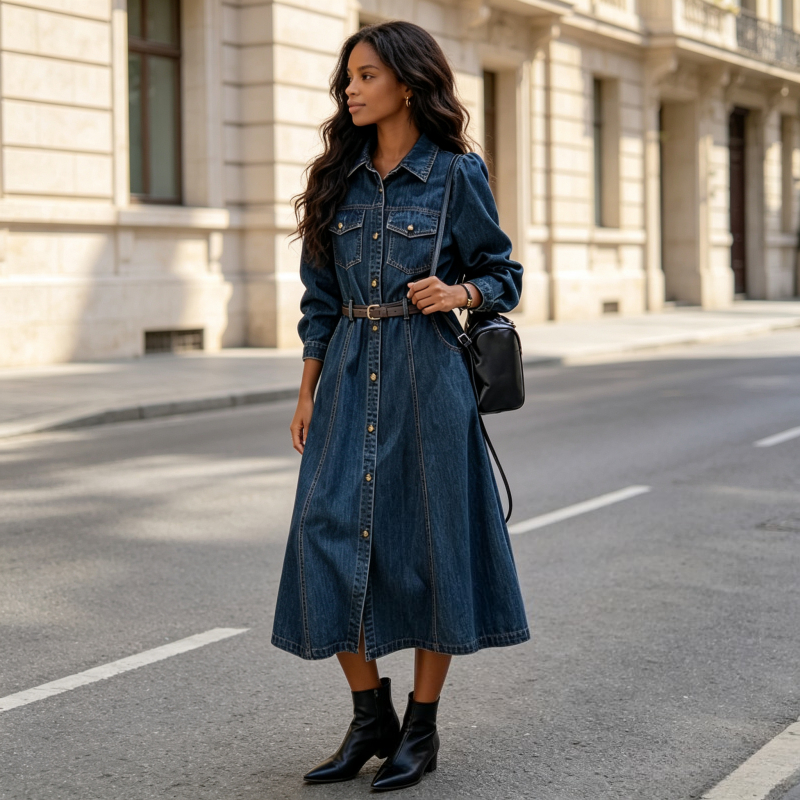 Robe en jean pour femme, coupe trapèze, col rabattu, manches longues, ceinture, longueur mi-longue, élégante, style Y2K, streetwear, pour le travail, Printemps 2026
