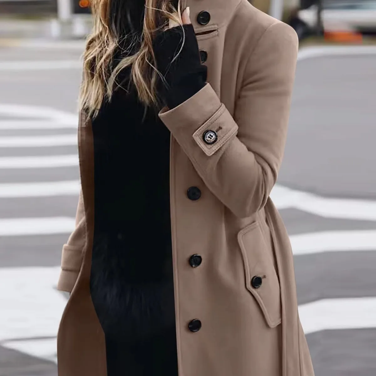 Femmes automne hiver laine manteau mélanges pardessus couleur unie bouton col roulé à manches longues décontracté mode hiver manteau régulier