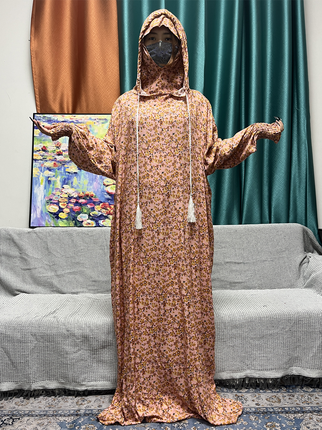 Ensemble Abayas Musulmans pour Femmes, Vêtement de Prière, Floral, Double Couche, Capuche, Robe à Manches sulf, Festival Traditionnel, 2024