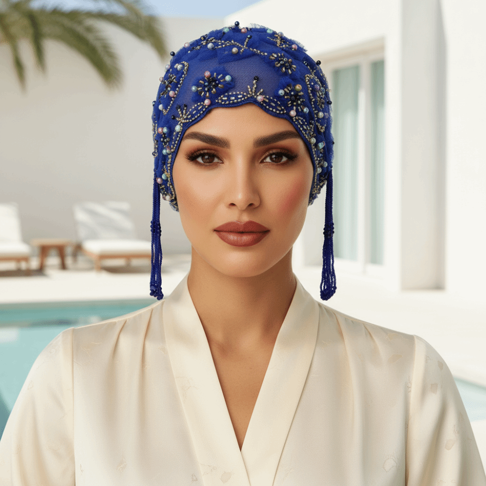 Turban à perles brillantes avec longues pampilles et broderie florale, foulard indien pré-noué à bord festonné, bonnet perlé tendance pour femmes