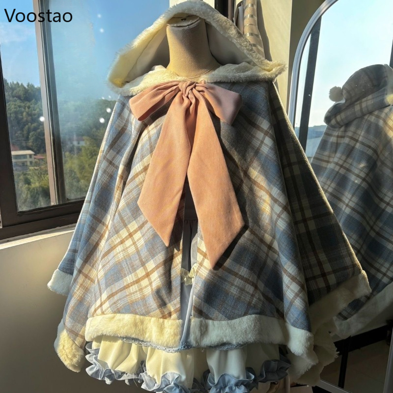 Manteau Everak en laine de style Lolita vintage japonais pour femmes, arc mignon, plaid, chaud, châle à capuche, vestes, ponchos en peluche pour filles, automne, hiver