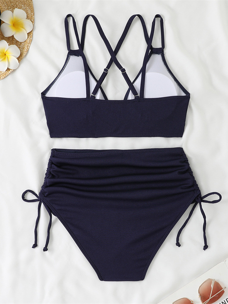 Maillot de bain deux pièces pour femme noir à double bretelle, push-up, plissé, avec cordon de serrage latéral, taille haute, bikini 2026, tenue de plage