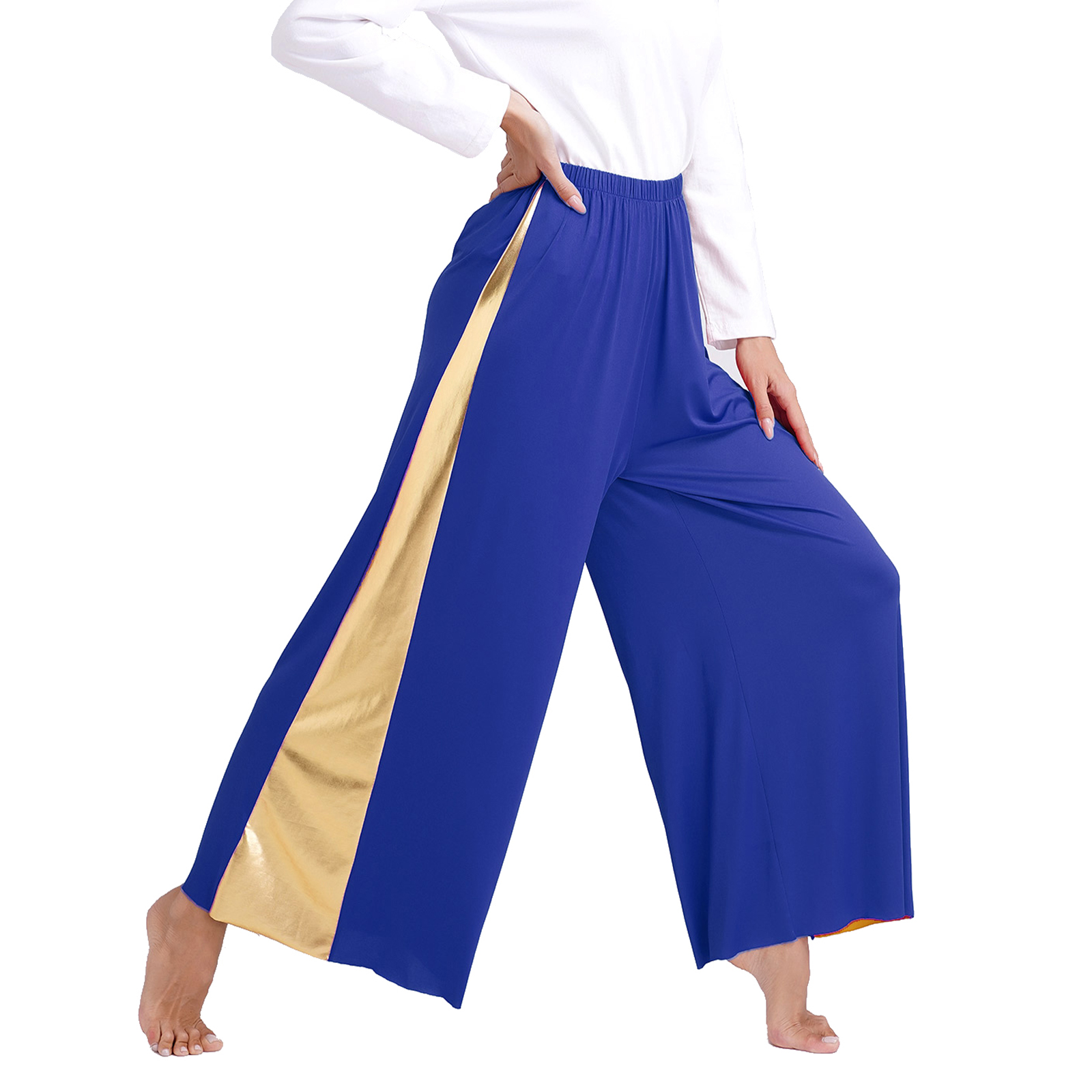 Robe de danse liturgique pour femmes, manches longues, métallique brillant, robe de culte avec pantalon, vêtements de danse de valse pour spectacle de chorale d'église