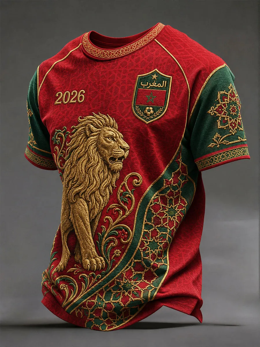 Maillot de football Maroc 2026 avec emblème Lion, broderie mosaïque marocaine complexe, écusson, coloris rouge-vert, garniture ornée, respirant