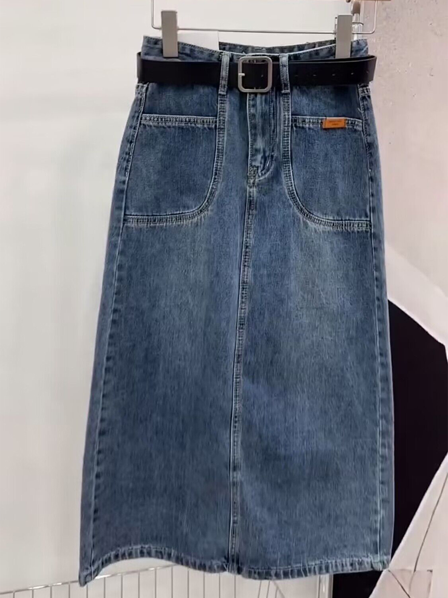 Jupe en jean bleu délavé pour femme, grande taille, taille élastique, dos fendu, jean, polyvalent, mi-long, dames, printemps, été