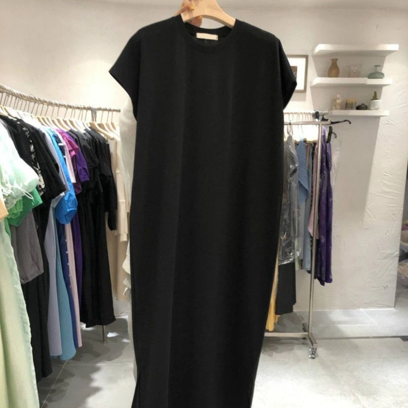 Robe T-shirt décontractée à manches courtes, col rond, coupe ample, couleur unie, style coréen, pour femme, été, mode, longueur midi