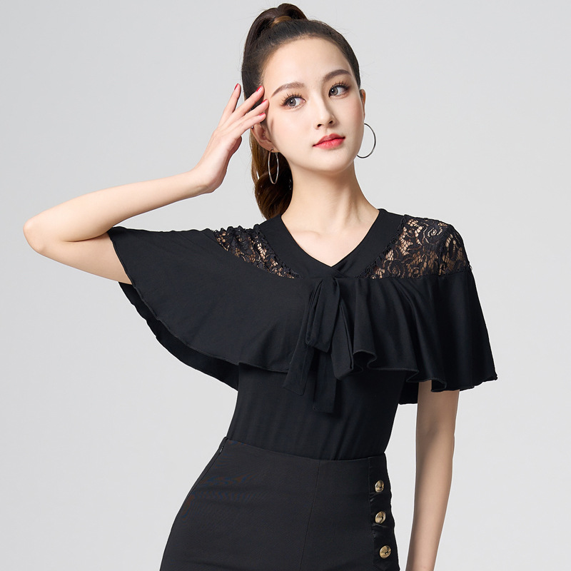 Haut de danse latine élégant à volants pour femme, col en V, patchwork en maille, tenue de performance pour la danse latine et la danse en ligne