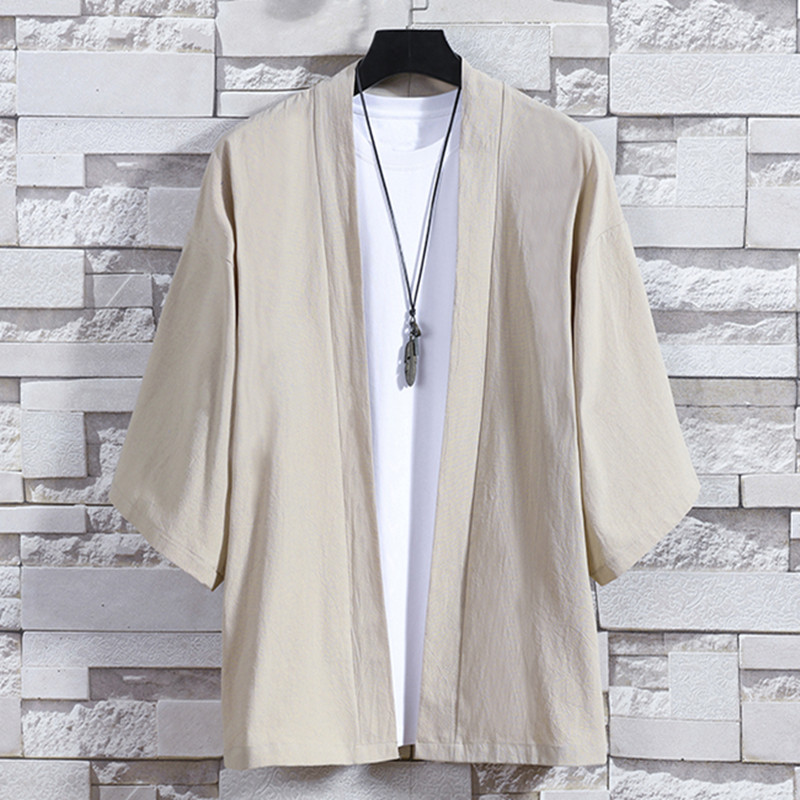 Cardigan Kimono pour hommes, vestes japonaises décontractées en coton, chemise à manches 3/4, manteau ouvert sur le devant, lin léger Yukata