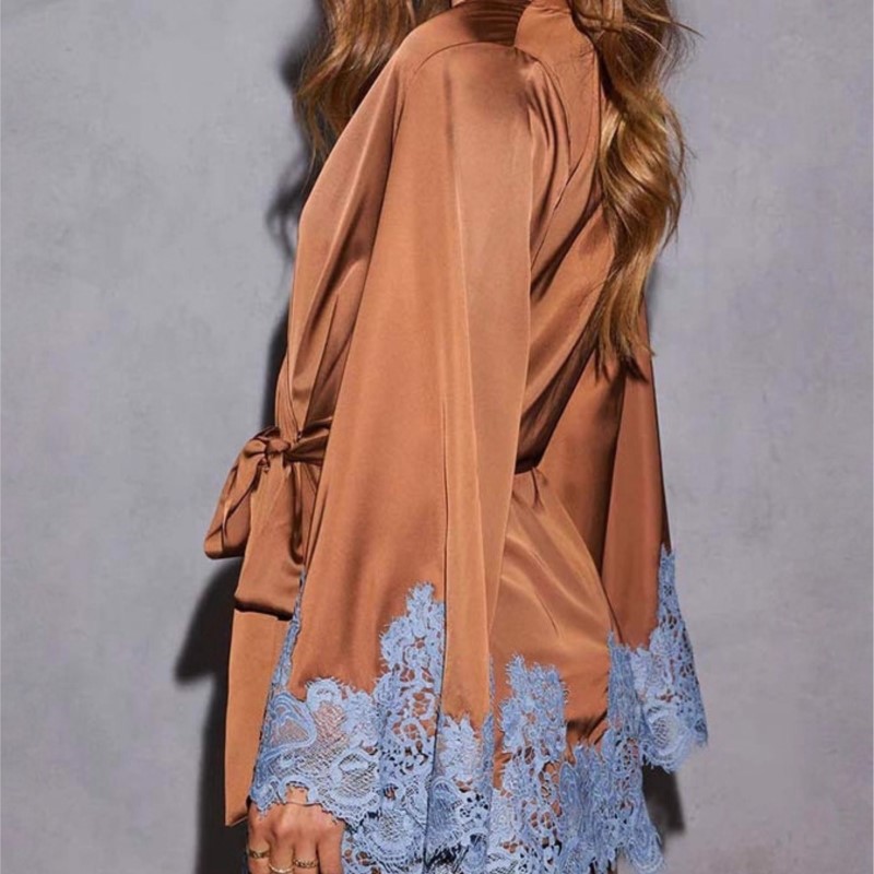 Sexy Chic marron dentelle Satin femmes robe printemps col en V profond creux Mini robe automne à manches longues ceintures Homewear robe de nuit