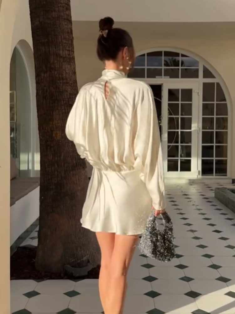 HH femmes mode soie Satin Texture écharpe conception nœud papillon robe femme élégante Simple col haut à manches longues tenue décontractée Mujer
