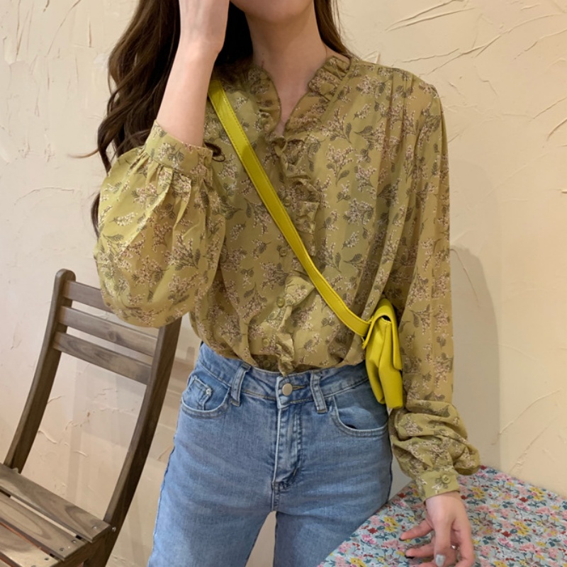 Chemisier en mousseline de soie imprimé floral à manches longues pour femmes, chemise à col en V, vintage, dame de bureau, EATIONS, fourmi, décontracté, mode, 2024