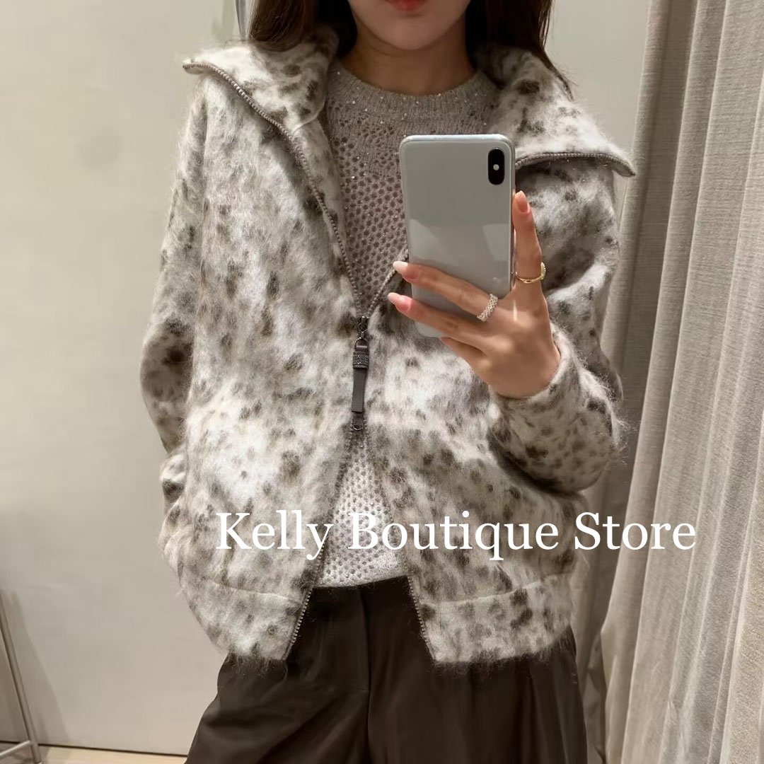Cardigan zippé en laine mohair douce à motif léopard, style « Old Money » de luxe, pour femme, col à revers, manches longues, pull décontracté et confortable