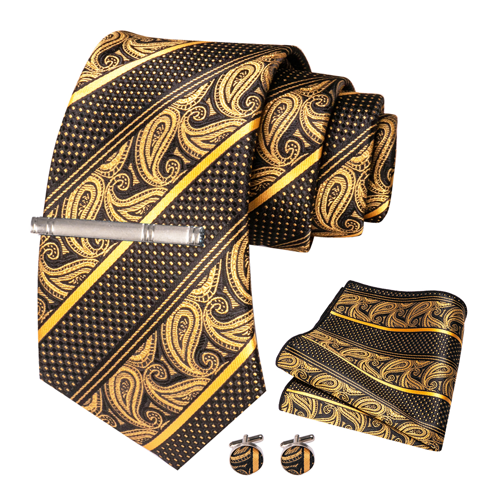 KAMBERFT nouveau classique soie hommes cravate rouge or rayé hommes cravate mouchoir boutons de manchette ensemble mariage affaires fête Gravatas