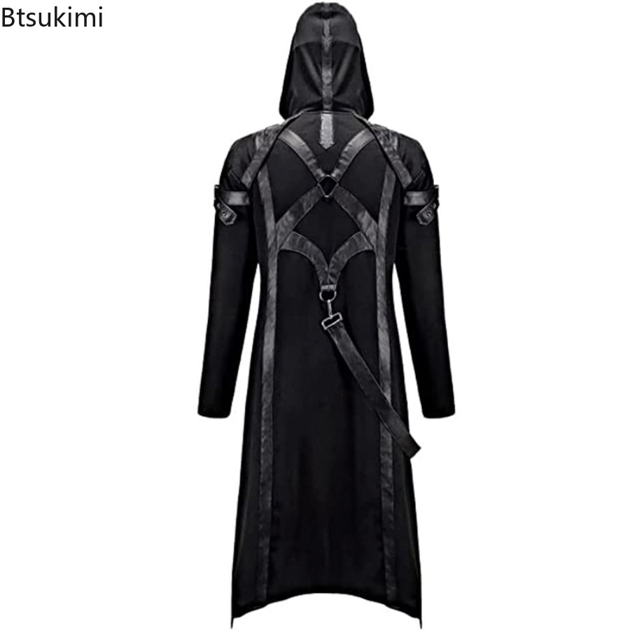 Costume gothique d'halloween pour hommes, automne hiver, fermeture éclair, manches longues, veste à capuche à bretelles, Cosplay médiéval, tenues de fête pour jeux de rôle