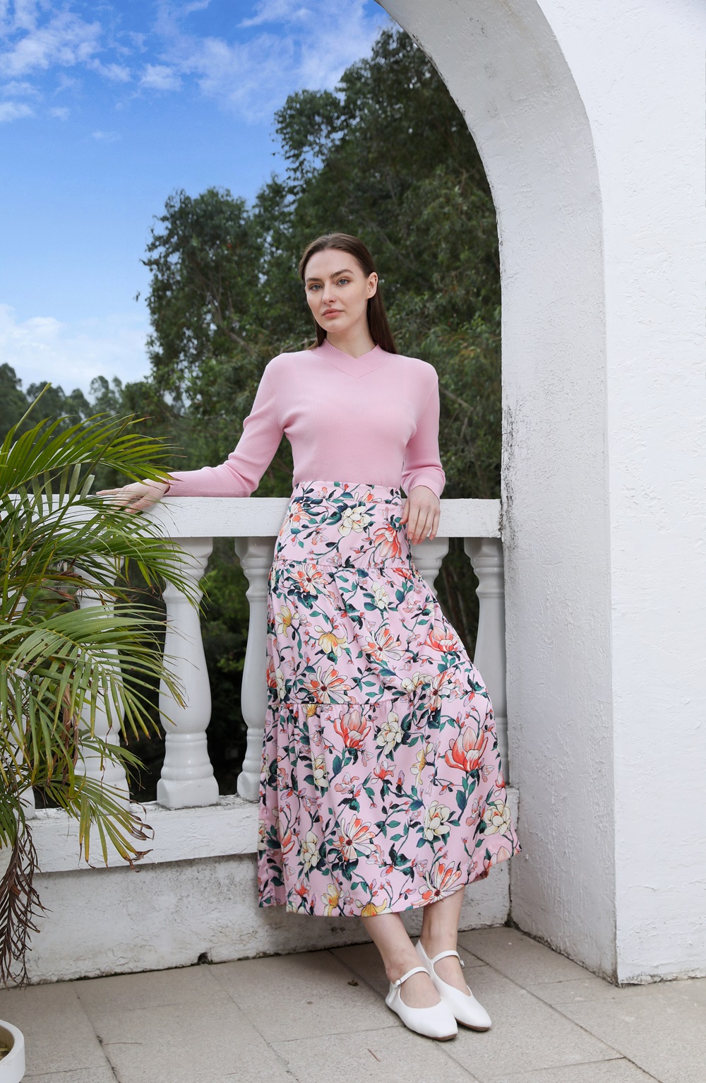 AP 2025SS – robe en Satin à fleurs pour femmes, rose clair, tricot, col en v, pull, jupe élégante pour dames