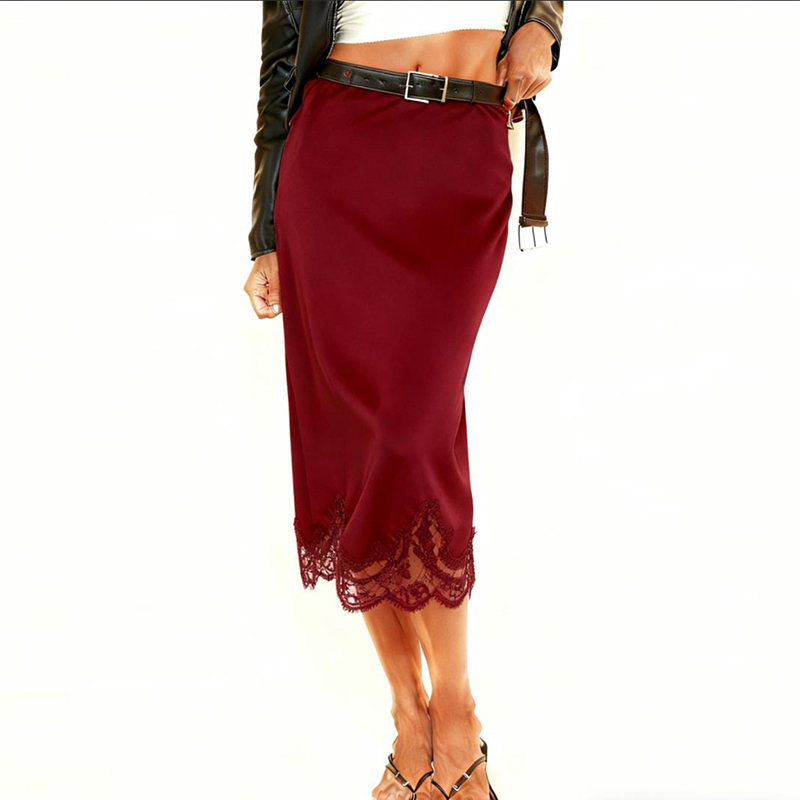 Femmes Sexy dentelle Patchwork Satin jupe crayon classique élégant taille haute soyeux fluide demi-slip sous-jupe bureau dame jupe Midi