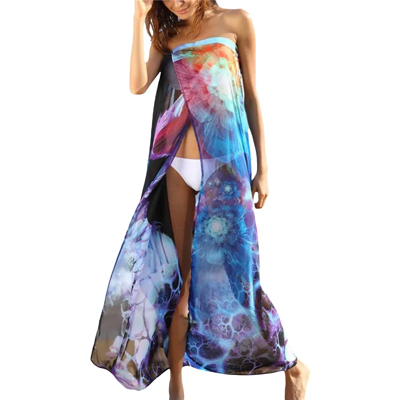 Robe de plage longue sans manches et sans bretelles pour femmes, style tie-dye jaune, bleu et noir, par Bikini Beach Cover Ups.