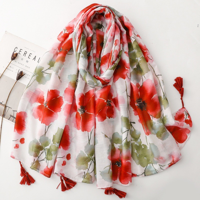 Châle Foulard en Viscose à Motif Floral Pétale et Pompon, Style Espagnol, pour Femme, Imprimé de Haute Qualité, Doux, Pashmina, Étole, Hijab Musulman, 180*90 cm