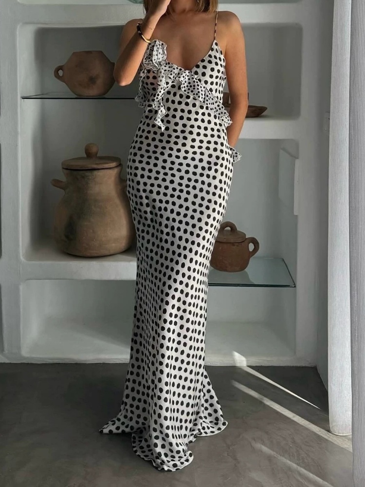 Robe de soirée dos nu pour femmes, sexy, imprimé floral 3D, à pois, robe maxi élégante, sans manches, à fines bretelles, robe moulante, robes de soirée