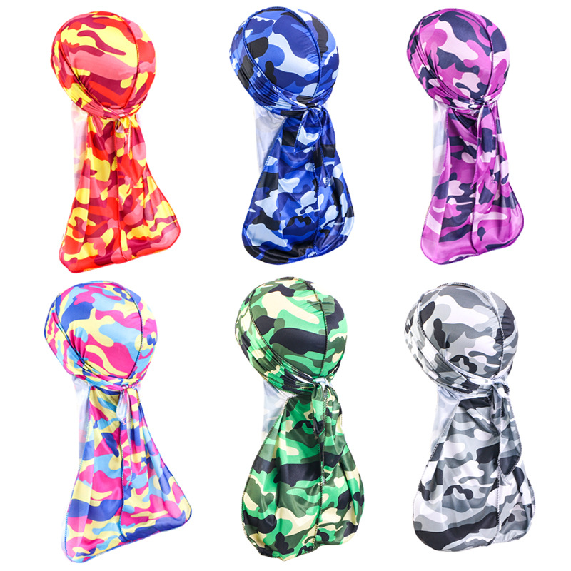 Foulard unisexe long imitation soie, Doo Rag musulman, Chapeau de pirate, Durag, Bonnets chimio camouflage, Chapeau crâne, Turban, Bandeau pour cheveux, Bandanas