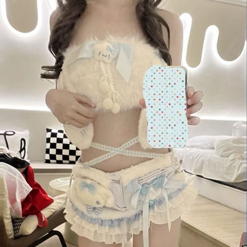 MINISO cannelle Sexy doux Costume moelleux blanc oreille haut bleu pantalon court ensemble complet pour les femmes vêtements de nuit d'hiver tenues