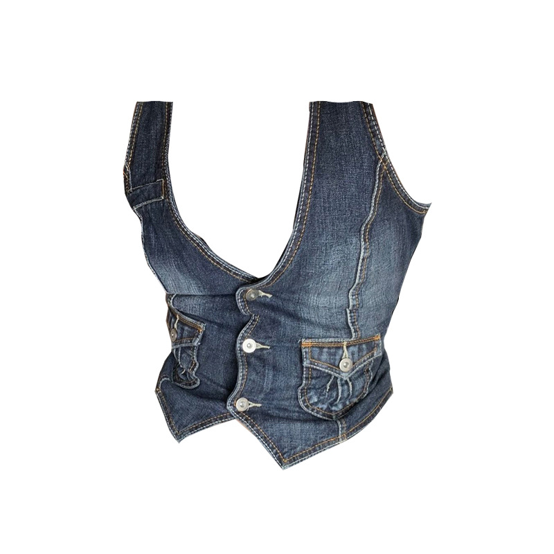 Femmes Denim gilet veste sans manches lavé col en V simple boutonnage poches gilets minces Streetwear femme été Vintage gilet