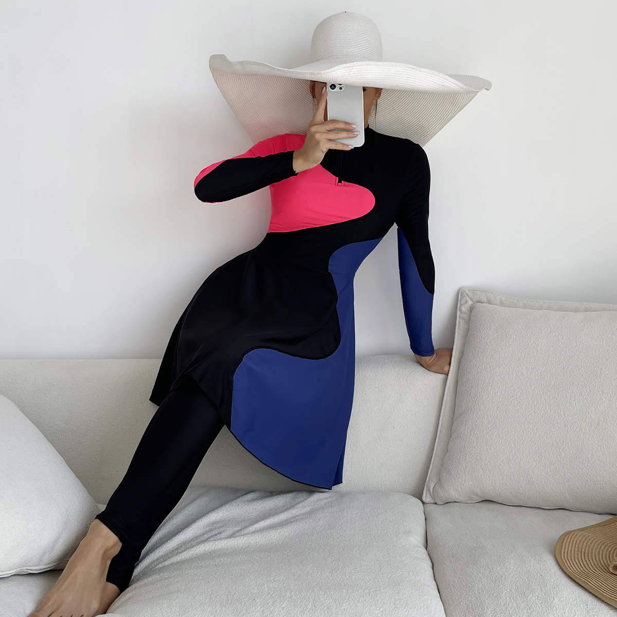 Burkini patchwork bleu et rouge pour femme musulmane, robe longue et culotte, maillots de bain à couverture complète, nouveaux maillots de bain modestes, 2 pièces