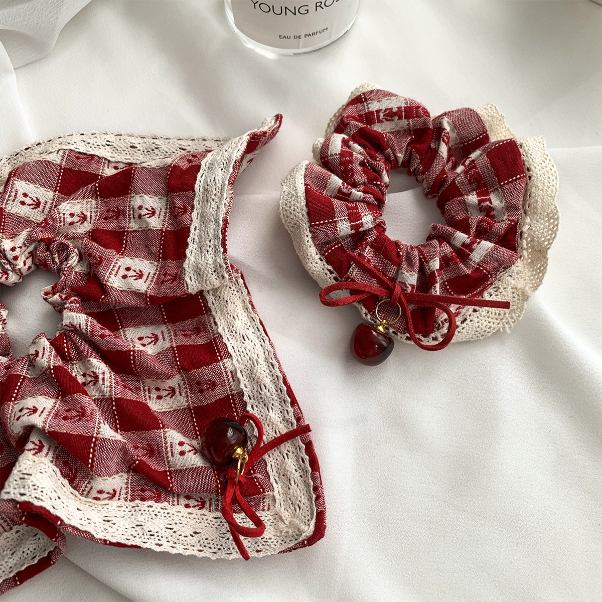Chouchous pour femmes, Style doux, carreaux rouges, cerise, dentelle, écharpe carrée, corde pour cheveux, accessoires pour cheveux, cadeau pour filles