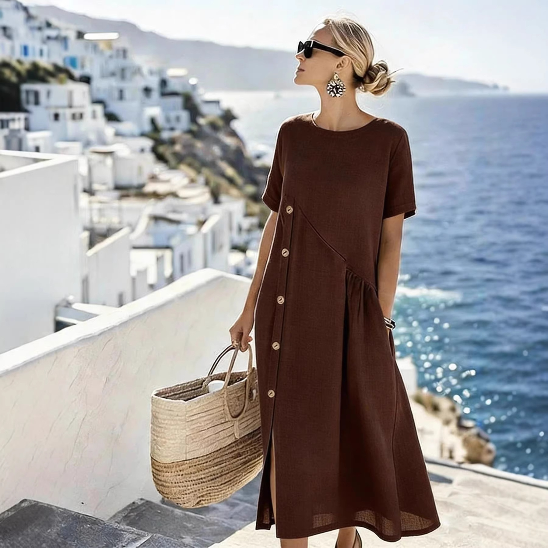 Robes pour femmes 2026 Nouveauté décontractée avec boutons décoratifs, poches pliables, col rond, couleur unie, robes longues, vêtements pour femmes, vestidos