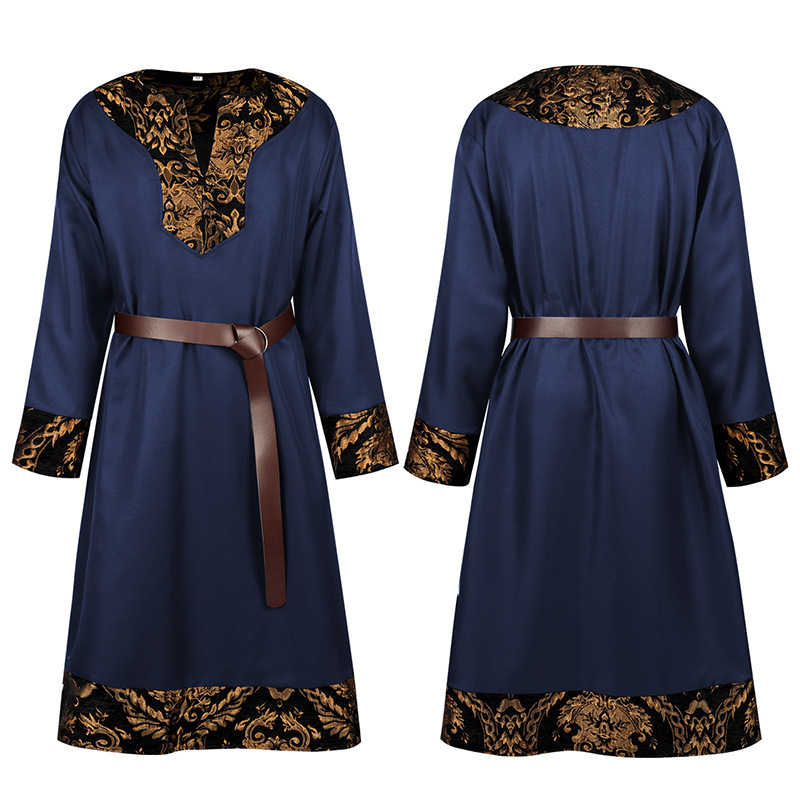 Tunique médiévale Renaissance pour homme, robe longue à manches longues avec ceinture, imprimé baroque doré vintage, costume de cosplay gothique rétro pour Halloween