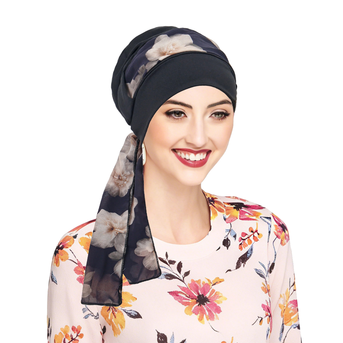 Nouveauté 2026 : Chapeaux à imprimé floral pour femmes, Hijabs musulmans élastiques, Foulards à longue traîne, Bonnets de chimiothérapie, Bandanas pour le cancer