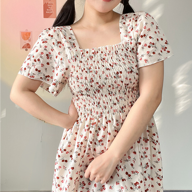 Printemps été robe en mousseline de soie femmes robes décontractées femme taille élastique à manches courtes imprimé fleuri Midi robes trapèze robes
