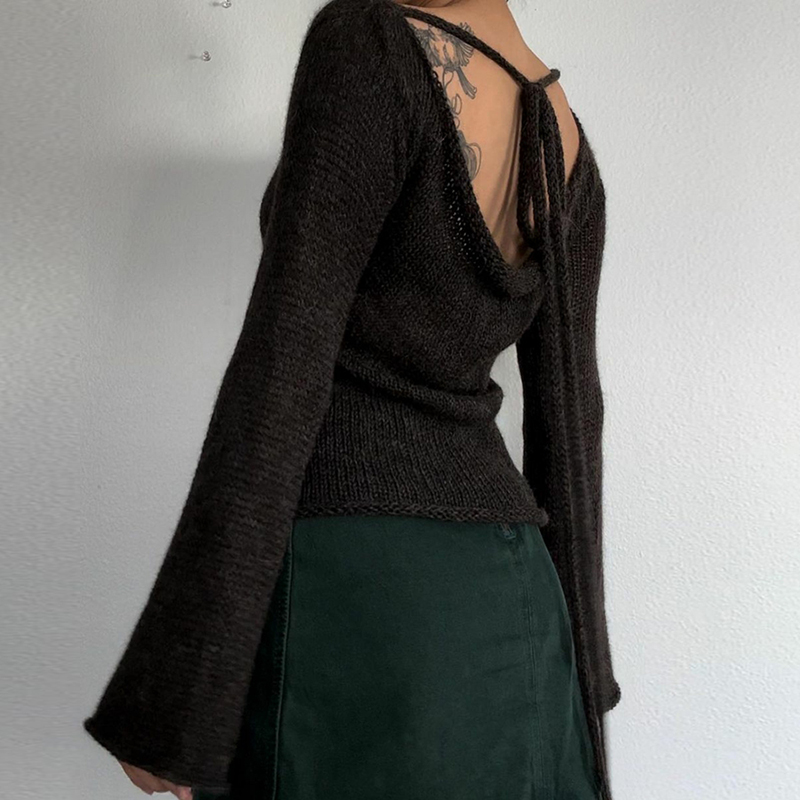 Pull tricoté à manches longues et col bateau pour femme, haut à nouer, dos nu, mode coréenne Y2K, Vintage, automne