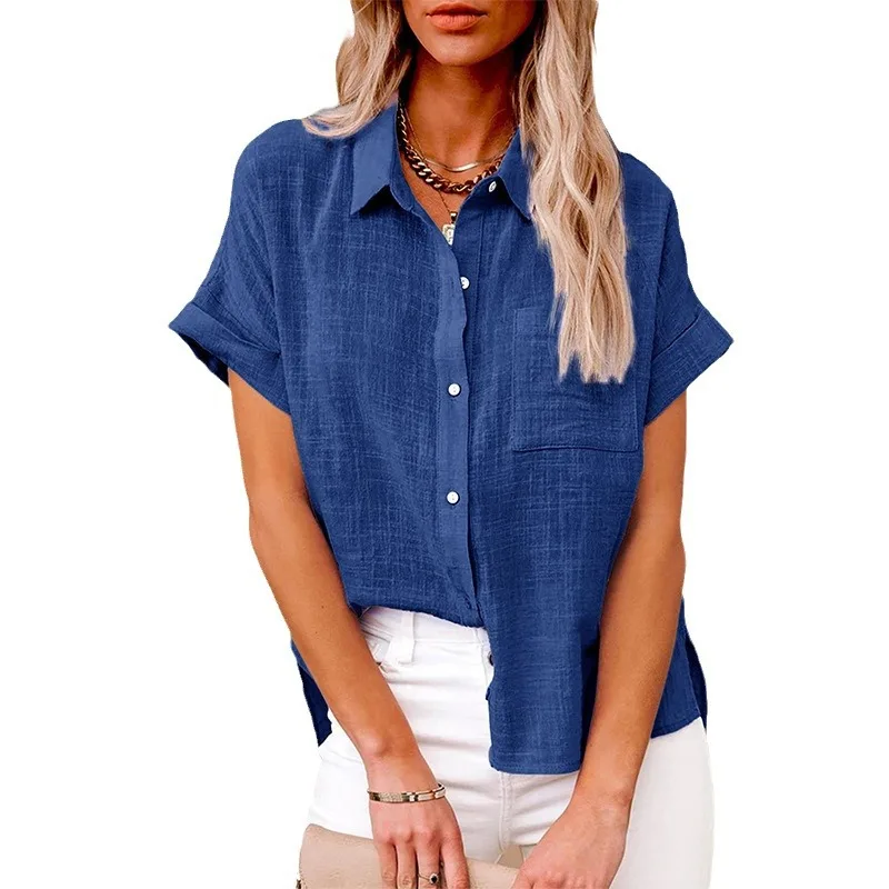 Femmes T-shirt médicaments L-5XL plus taille populaire européenne et américaine médicaments d'été coton et lin poche boutons à manches courtes
