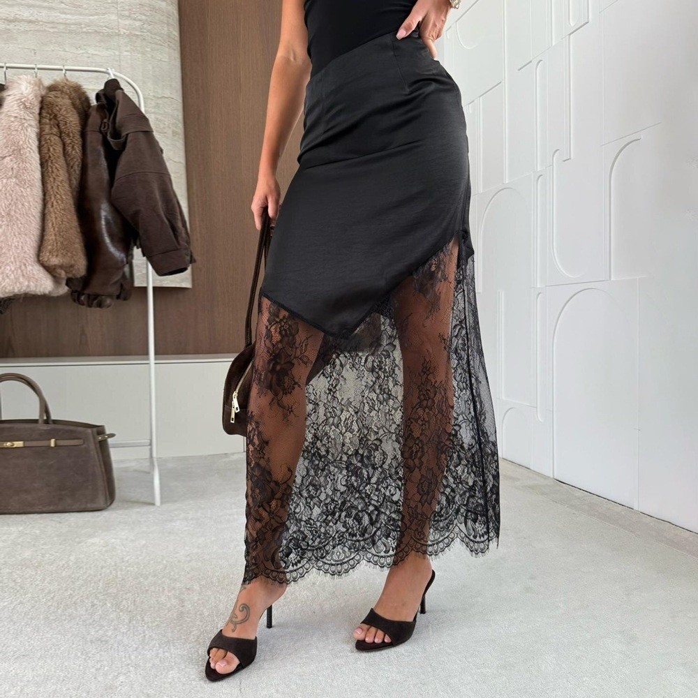 Jupe longue en dentelle taille haute pour femme, élégante et sexy, douce et polyvalente, idéale pour les fêtes et les mariages