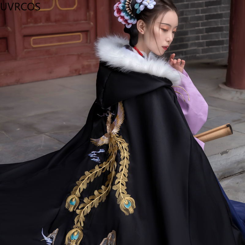 Cape Hanfu noire ancienne orientale pour femmes, Costume de princesse de Style chinois, manteau chaud à capuche brodé pour automne et hiver