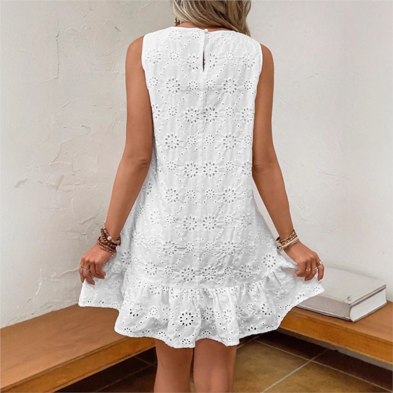 Robe mi-longue brodée à col rond pour femmes, haut précieux à volants, robes Boho, blanc élégant, vacances à la plage, mode estivale