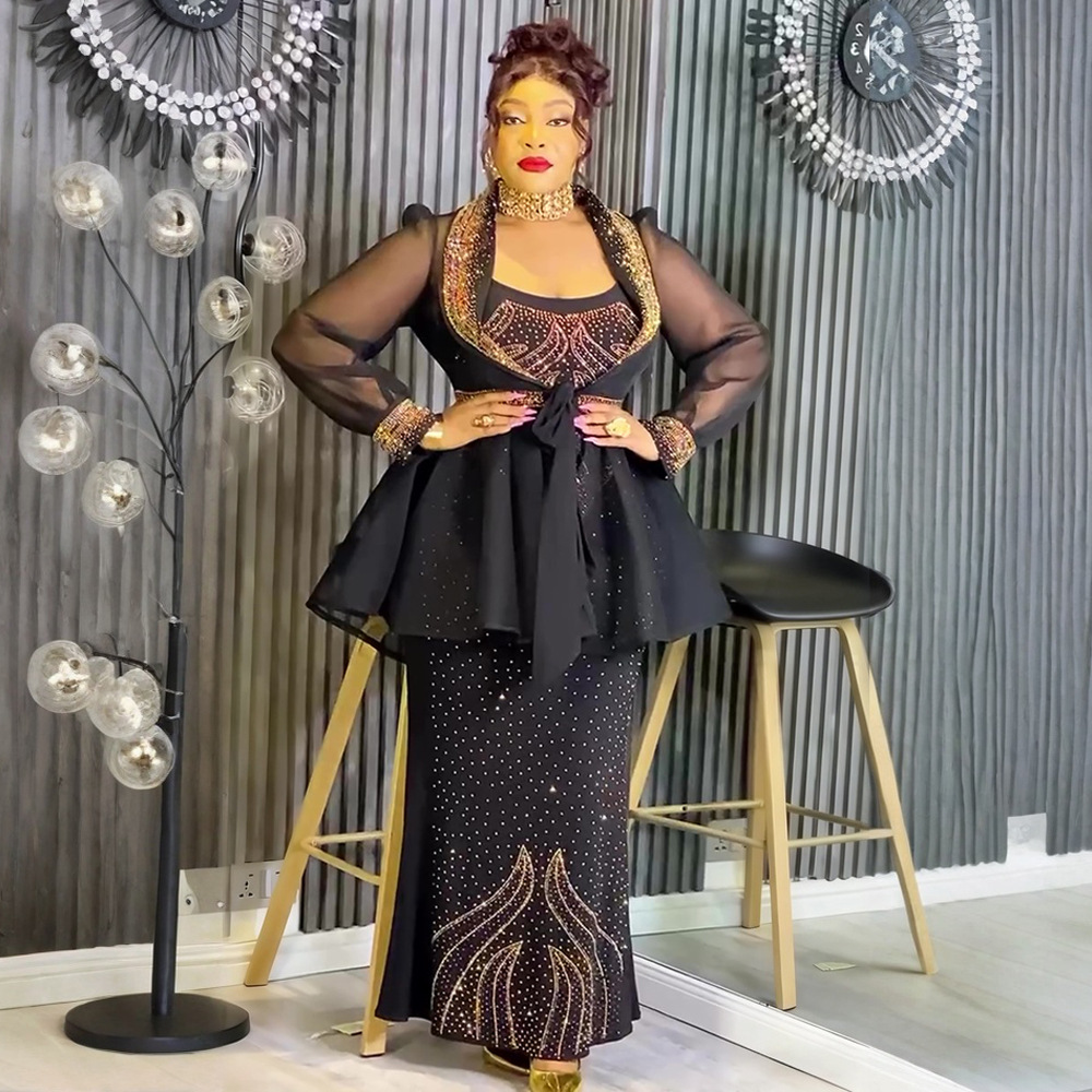 Vêtements africains pour femmes, ensemble 2 pièces Dashiki diamant, robe de soirée, grande taille, robes longues de fête de mariage turque avec manteau, nouvelle collection 2026