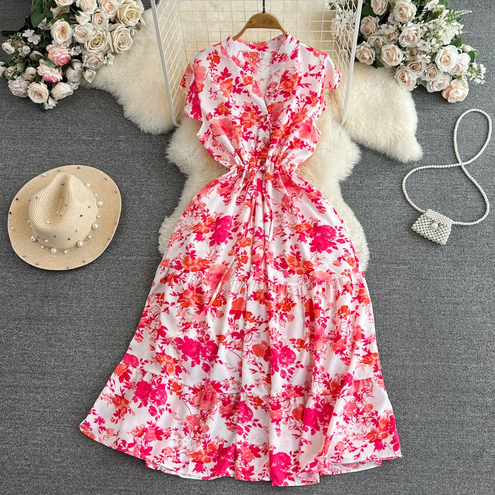 Robe mi-longue à fleurs pour femmes, Vintage, col en v, ourlet à volants, élégante, simple boutonnage, vacances, plage, été, 2026
