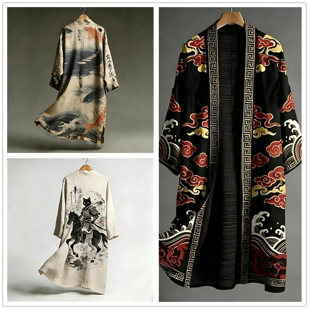 Kimono long imprimé chinois pour homme, Yukata décontracté ample pour femme, chemise de plage Hiyoshi