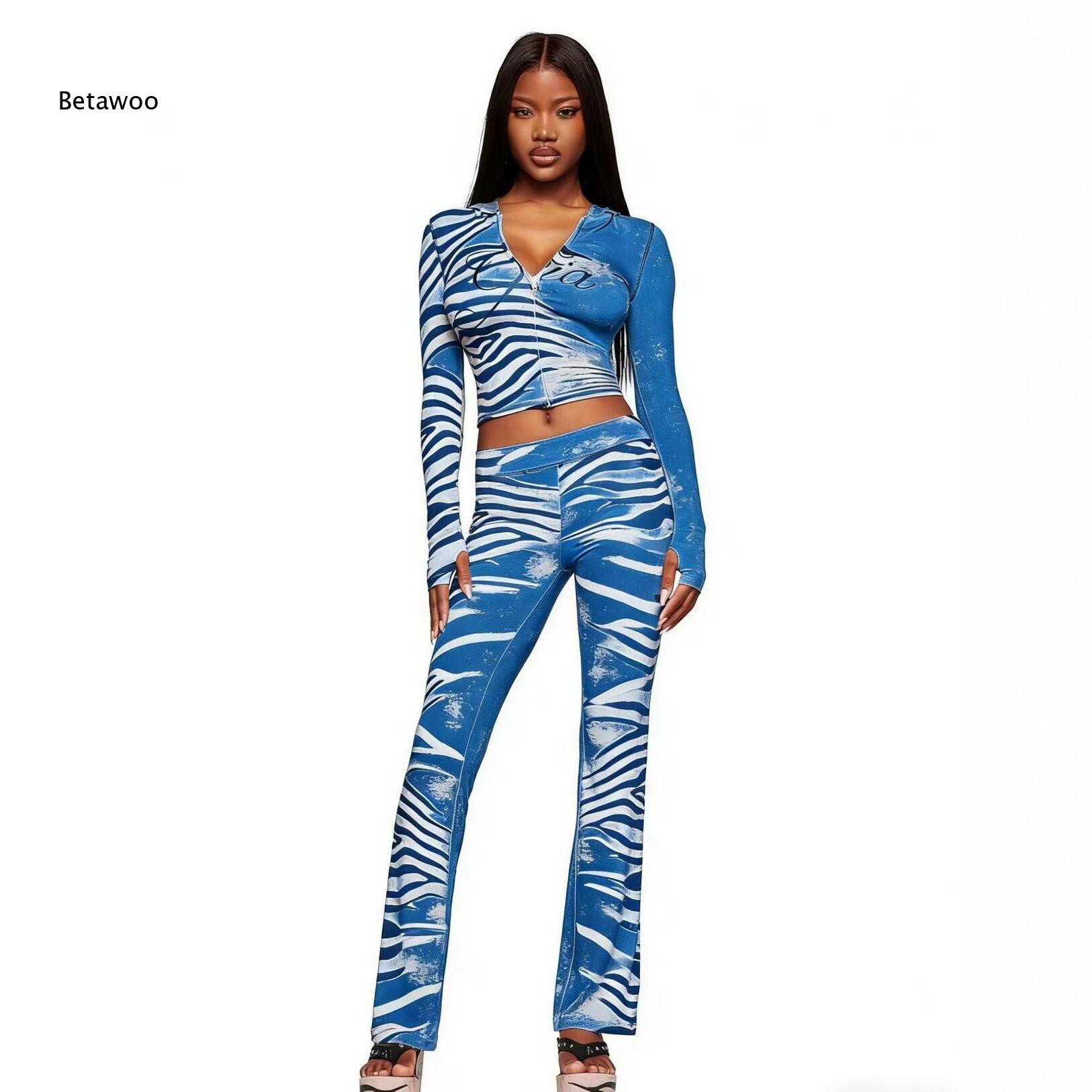 Ensemble 2 pièces imprimé animal pour femme : Crop top à manches longues et pantalon assorti – Look tendance moulant pour clubbing et streetwear