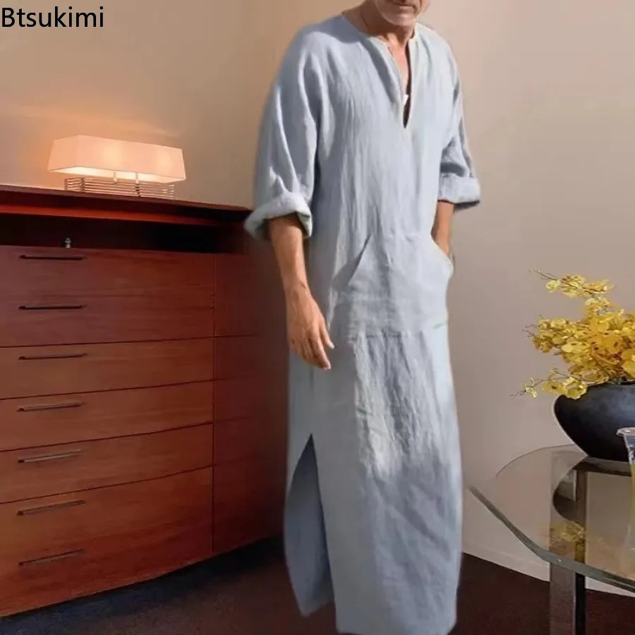 Nouvelle Robe Musulmane 2026 Couleur Unie Rétro Vêtement Islamique Arabe Homme Décontracté Coton Lin Longue Tunique Caftan Moyen-Orient Abayas