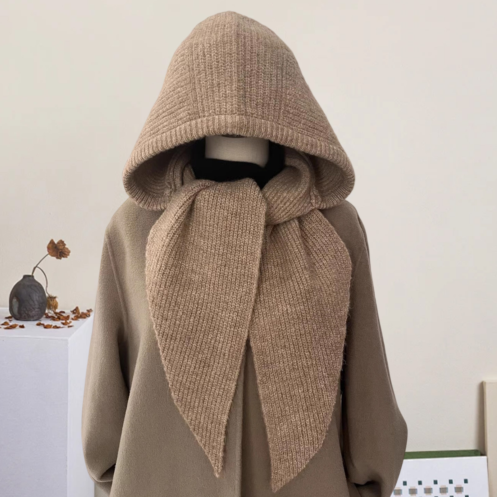 Chapeau Skullies tricoté côtelé pour femmes avec écharpe, écharpe à capuche élégante de couleur unie pour l'hiver, le printemps et l'automne