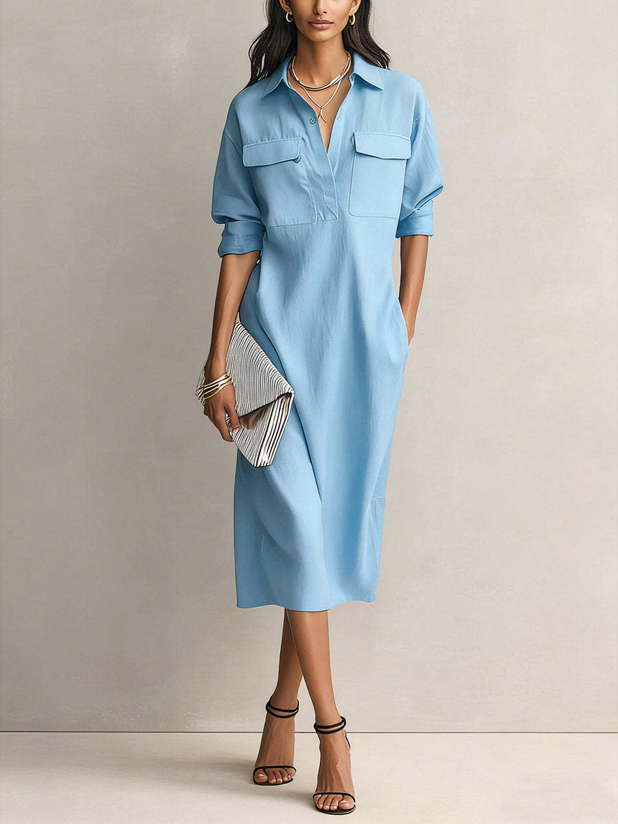 Robe chemise minimaliste unie pour femme, élégante, à demi-manches, col rabattu boutonné, avec poches, robe décontractée quotidienne, robes midi