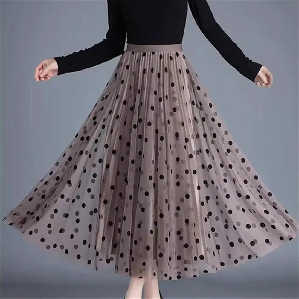 Jupe longue en maille floquée pour femme, style coréen, jupe midi en tulle à fleurs, taille haute, vintage, noire, à pois, pour l'été et l'automne