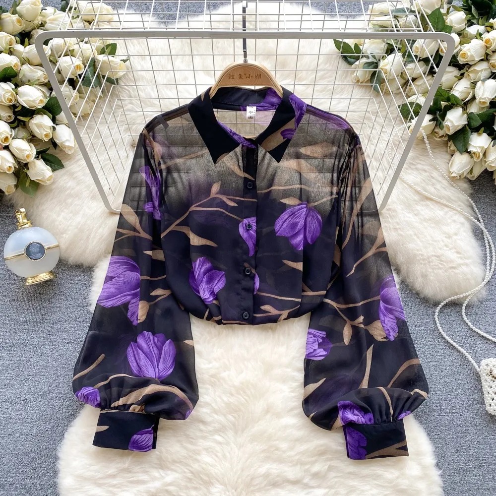 Chemisier Vintage Élégant à Manches Lanternes pour Femme, Chemise à Col Polo Décontractée, Chic, Haut Dégradé, Été